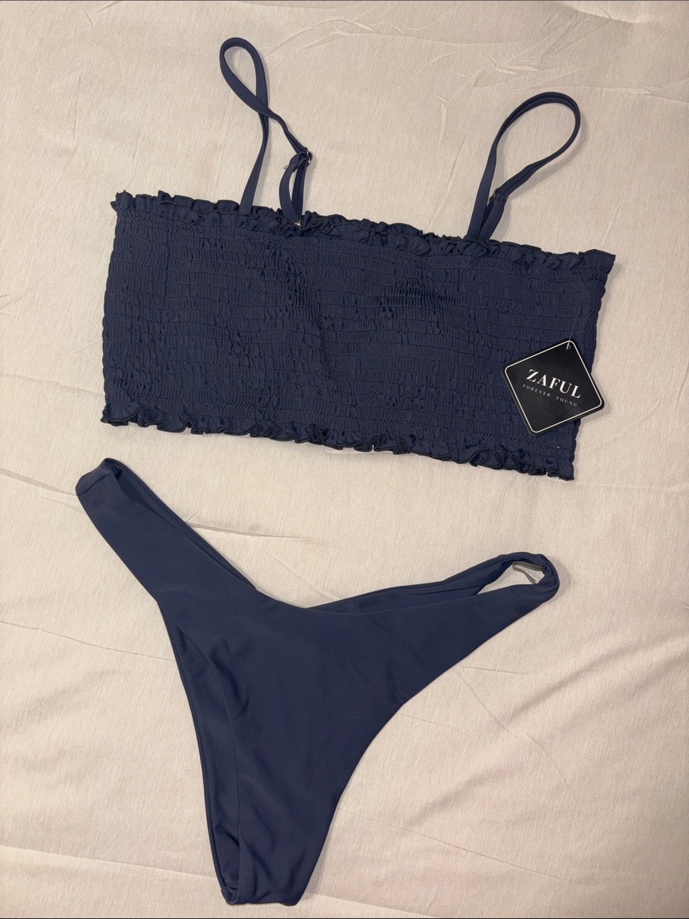 Zaful Navy Smocked Bandeau Two-Piece Bikini